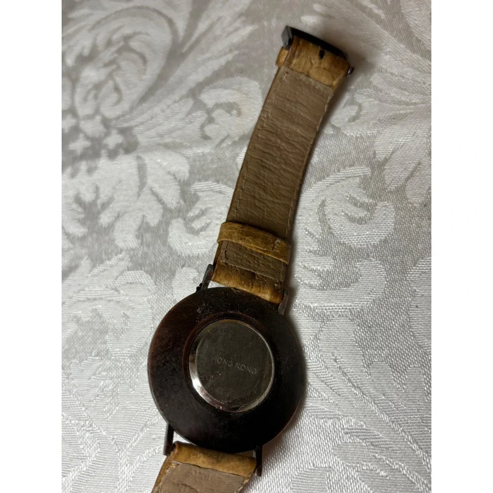Fossil Sundial Watch Tan Leather Band Stone Face Timepiece SD-7610 Vintage